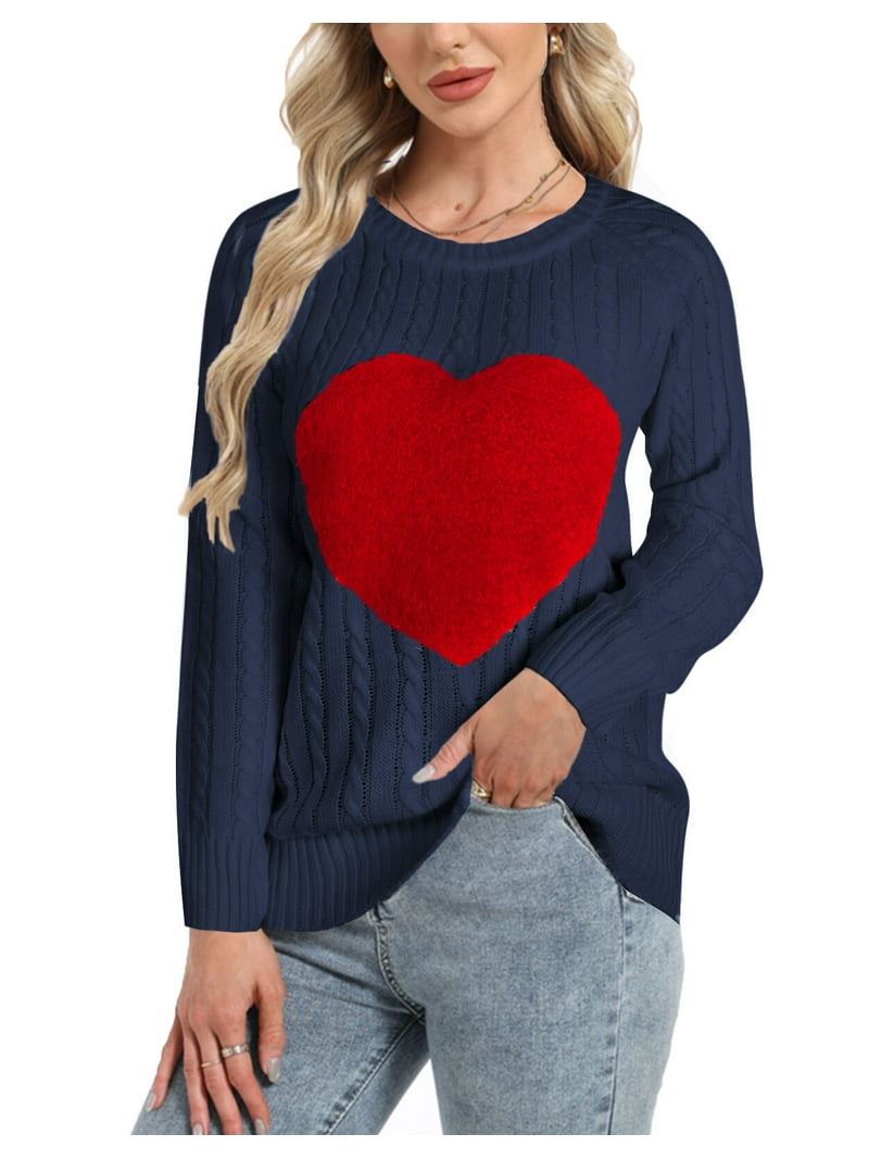 Sweaters for Women Heart Print Valentines Day Crewneck Sweater