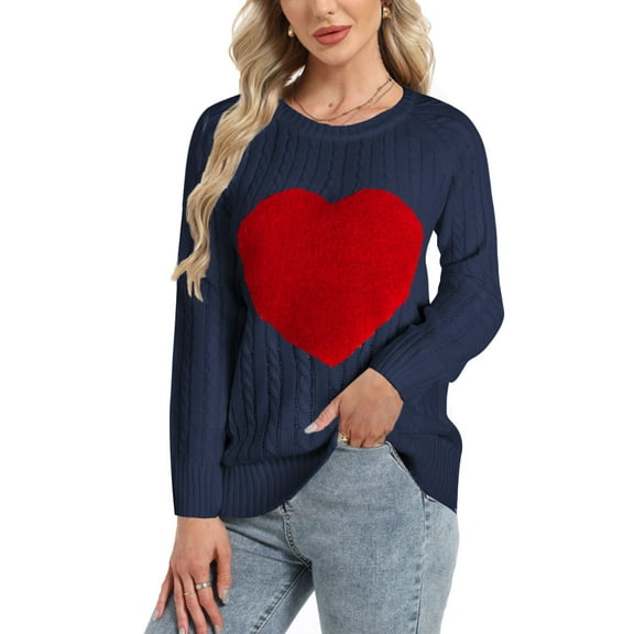Sweaters for Women Heart Print Valentines Day Crewneck Sweater Cable Knitted Pullover Sweaters Warm Long Sleeve Jumper Tops Alsol Lamesa