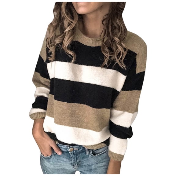 Sweaters for Women Hemlock Color Block Striped O Neck Sweater for Long Sleeve Knit Pullover Jumper Tops Sweater