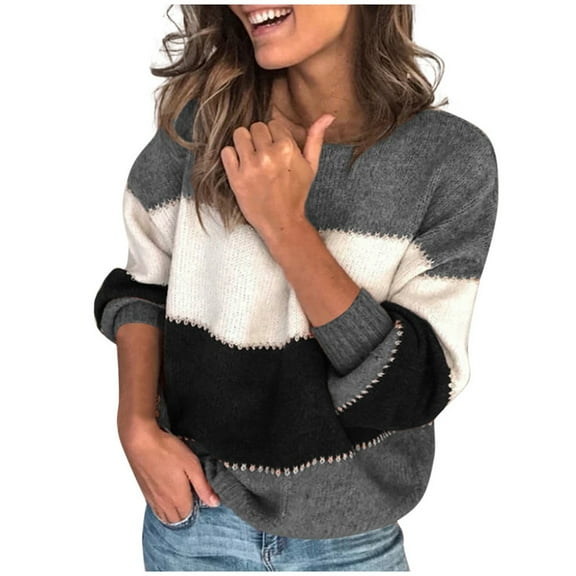 Sweaters for Women Hemlock Color Block Striped V Neck Sweater Long Sleeve Knit Pullover Jumper Tops Sweater