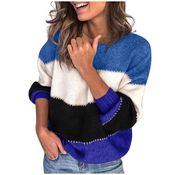 Sweaters for Women Hemlock Color Block Striped V Neck Sweater Long Sleeve Knit Pullover Jumper Tops Sweater