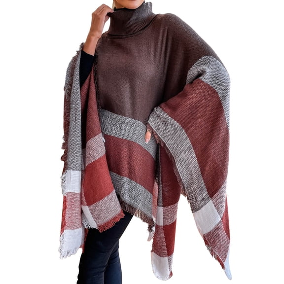 Sweaters for Women Hemlock Turtleneck Plaid Fringe Shawl Sweater Fashion Casual Coat Sweater