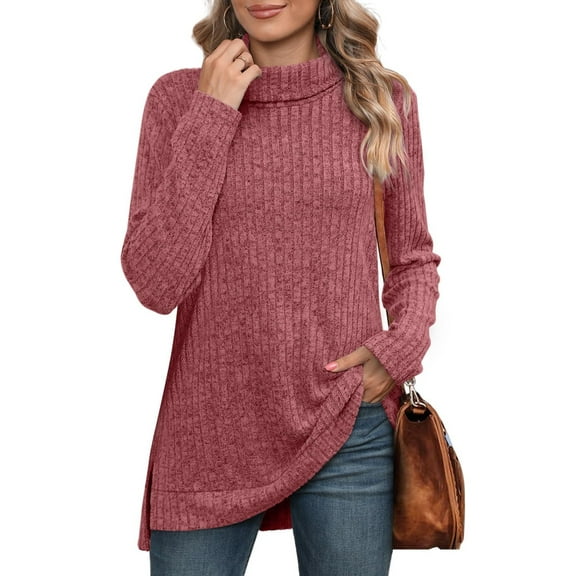 Sweaters for Women High Neck Long Sleeved Side Slit Solid Color Winter Sweater Womens Sweaters Plus Size Red XL
