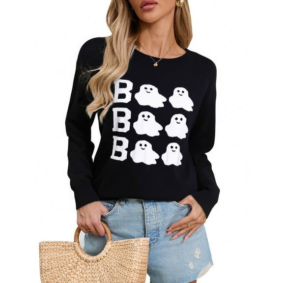 Sweaters for Women Holloween Ghost Printed Knitted Pullover Crewneck Lightweight Sweater Shermie