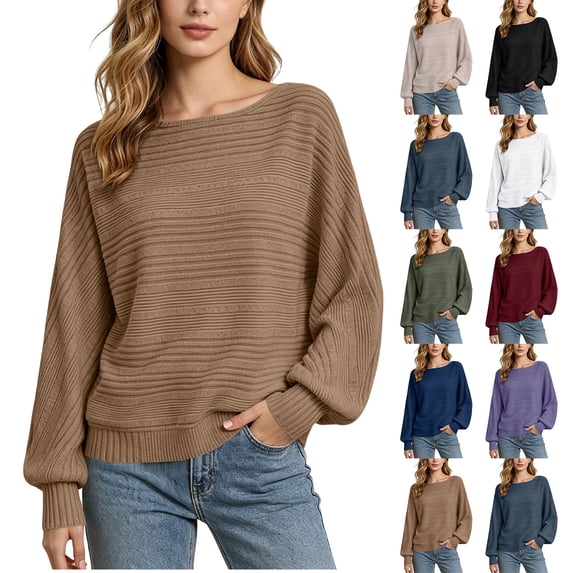 Sweaters for Women Horizontal Ribbed Knit Boat Neck Drop Shoulder Balloon Long Sleeve Loose Casual Pullover Tops