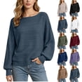 thumbnail image 1 of Sweaters for Women Horizontal Ribbed Knit Boat Neck Drop Shoulder Balloon Long Sleeve Loose Casual Pullover Tops, 1 of 5