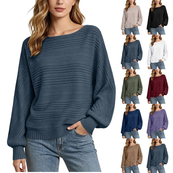 Sweaters for Women Horizontal Ribbed Knit Boat Neck Drop Shoulder Balloon Long Sleeve Loose Casual Pullover Tops