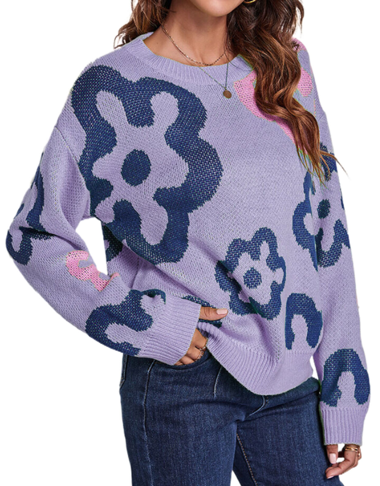 Sweaters for Women Juniors 2023 Trendy Floral Print Pullover Sweaters