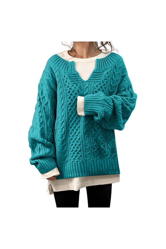 Sweaters for Women Knitted Knit Notch V Neck Cable Solid Color Puff Bubble Loose Long Sleeve Base Cozy Top