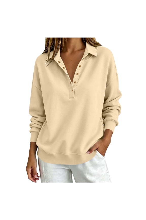 Sweaters for Women Lightweight Casual Long Sleeve Collared V Neck Button Sweatshirt Button Pullovers Top Beige XL