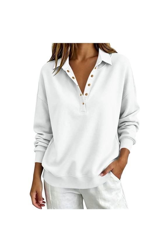 Sweaters for Women Lightweight Casual Long Sleeve Collared V Neck Button Sweatshirt Button Pullovers Top White XXL