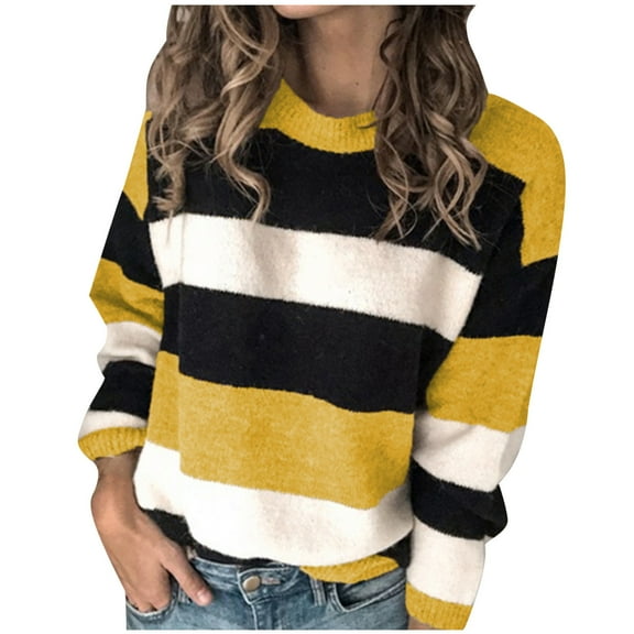 Sweaters for Women Lightweight Crew Neck Striped Long Sleeve Knitted Pullover Plus Size Fall Fashion Outfits,Yellow,2XL