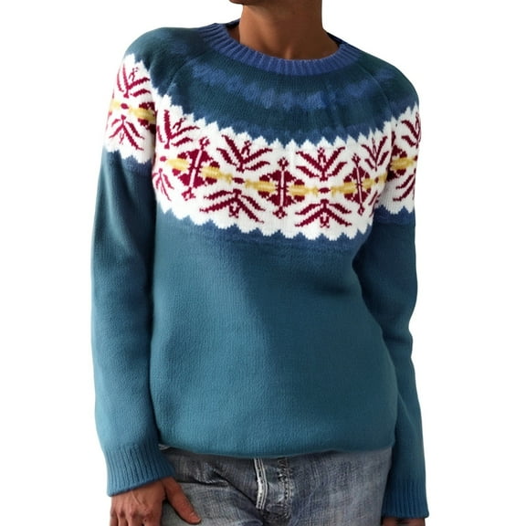 Sweaters for Women Lightweight Fall Winter Retro Fair Isle Knit Soft Crewneck Color Block Pullover Plus Size Fall Outwear,Navy,XL