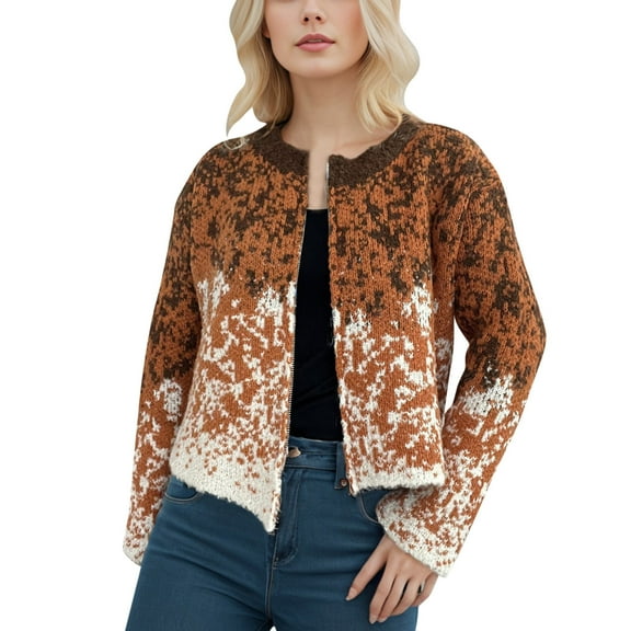 Sweaters for Women Lightweight Fall Winter Zip Knit Cardigan Long Sleeve Open Front Printeed Fall Tops,Orange,L
