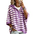 thumbnail image 1 of Sweaters for Women Lightweight Striped Print Summer Hooded Sweater Drawstring Hood Button Loose Half Batwing Sleeve Knit Sweater Tops, 1 of 6