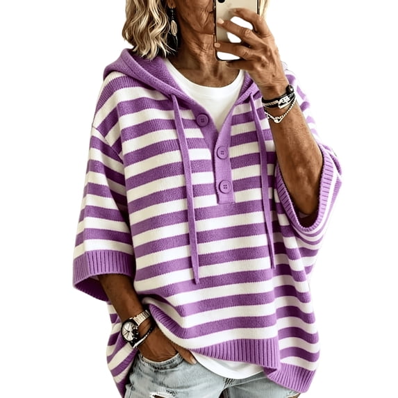 Sweaters for Women Lightweight Striped Print Summer Hooded Sweater Drawstring Hood Button Loose Half Batwing Sleeve Knit Sweater Tops