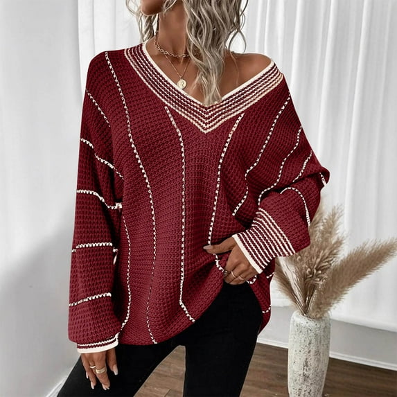 Sweaters for Women Long Sleeve Cardigan Knit V-Neck Solid Color Sweater Coat Womens Sweaters Plus Size Wine XL