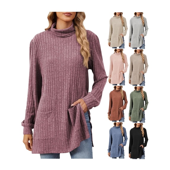 Sweaters for Women Long Sleeve Knit Tunic Tops Turtleneck Fall Casual Shirts Loose Fit Winter Clothes Pullover With Pocket Purple Xl