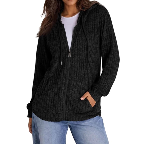 Sweaters for Women Long Sleeve Knitted Zip Up Hoodies Ribbed Pullover Loose Casual Sweatshirts with Pocket Black XL