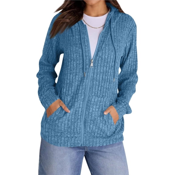 Sweaters for Women Long Sleeve Knitted Zip Up Hoodies Ribbed Pullover Loose Casual Sweatshirts with Pocket Blue L