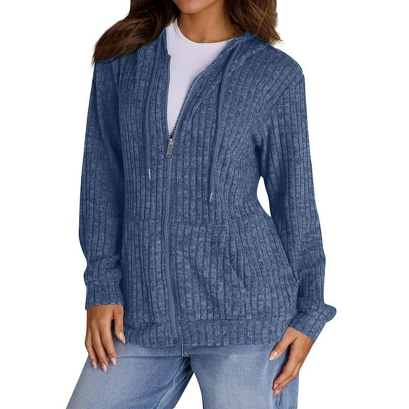Sweaters for Women Long Sleeve Knitted Zip Up Hoodies Ribbed Pullover Loose Casual Sweatshirts with Pocket Dark Blue XXL