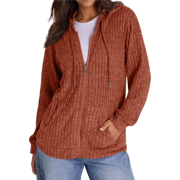 Sweaters for Women Long Sleeve Knitted Zip Up Hoodies Ribbed Pullover Loose Casual Sweatshirts with Pocket Orange L