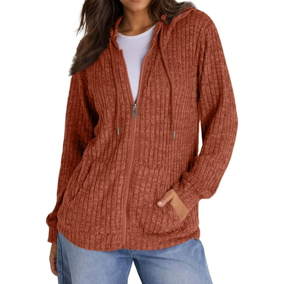 Sweaters for Women Long Sleeve Knitted Zip Up Hoodies Ribbed Pullover Loose Casual Sweatshirts with Pocket Orange L