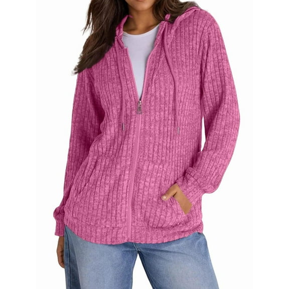 Sweaters for Women Long Sleeve Knitted Zip Up Hoodies Ribbed Pullover Loose Casual Sweatshirts with Pocket Pink M