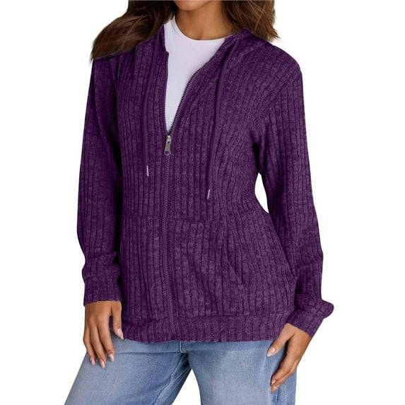 Sweaters for Women Long Sleeve Knitted Zip Up Hoodies Ribbed Pullover Loose Casual Sweatshirts with Pocket XXL