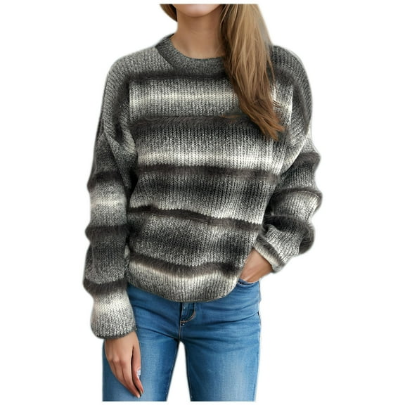 Sweaters for Women Long Sleeve Round Neck Contrast Color Knitted Sweater Fall Winter Pullover Top