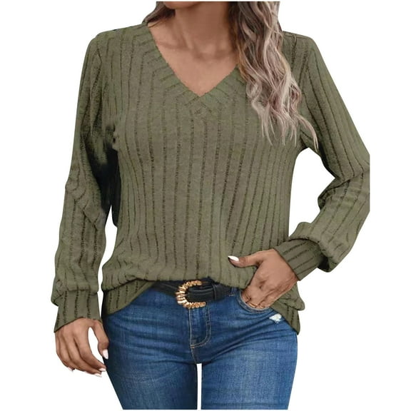 Sweaters for Women Long Sleeve V Neck Shirts Lightweight Casual Tunic Tops Elegants Clothes Army Green,S
