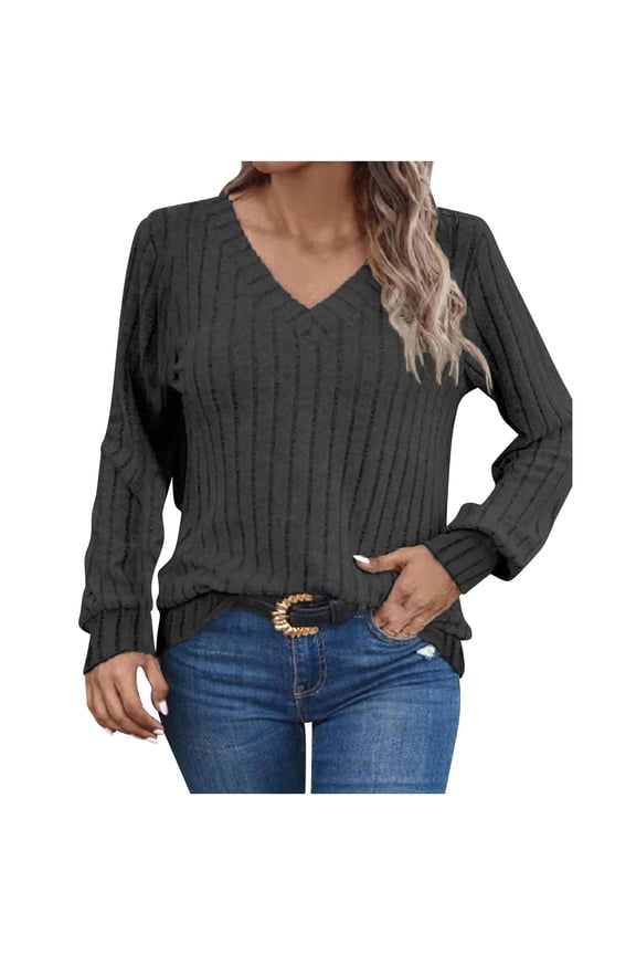 Sweaters for Women Long Sleeve V Neck Shirts Lightweight Casual Tunic Tops Elegants Clothes Black,M