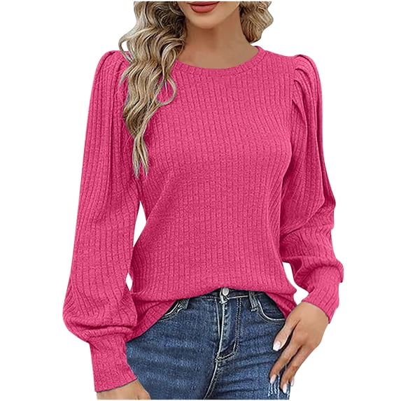 Sweaters for Women Long Sleeve V Neck Shirts Lightweight Casual Tunic Tops Shrug Shoulder Elegant Clothes Hot Pink,L