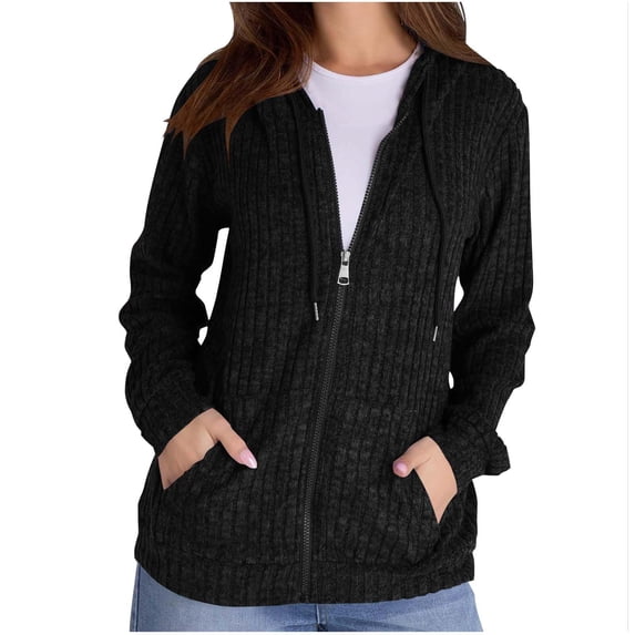 Sweaters for Women Long Sleeve Zip up Hoodies Ribbed Hooded Sweatshirts Loose Casual Cardigan Jackets with Pocket