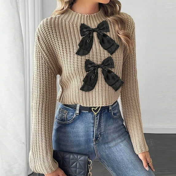 Sweaters for Women Long Sleeved Bow Stand-Up Collar Blouses Casual Sweater Womens Sweaters Plus Size Khaki XL