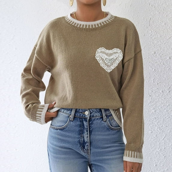Sweaters for Women Long Sleeved Printing Round Neck Casual Solid Color Pullover Sweater Womens Sweaters Plus Size Khaki XL