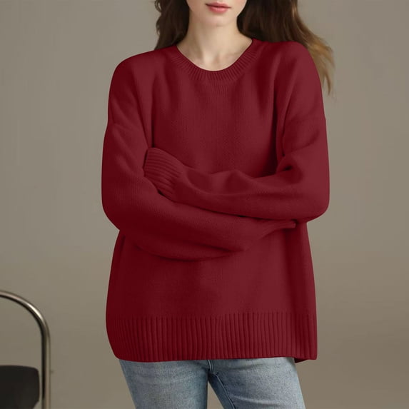 Sweaters for Women Long Sleeved Round Neck Knitted Sweater Pullover Sweater Womens Sweaters Plus Size Wine XL