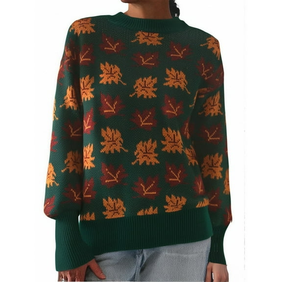 Sweaters for Women Maple Leaf Pattern Warm Knit Sweater Casual Crew Neck Long Sleeve Tops Relaxed Fit Fall Sweaters for Women