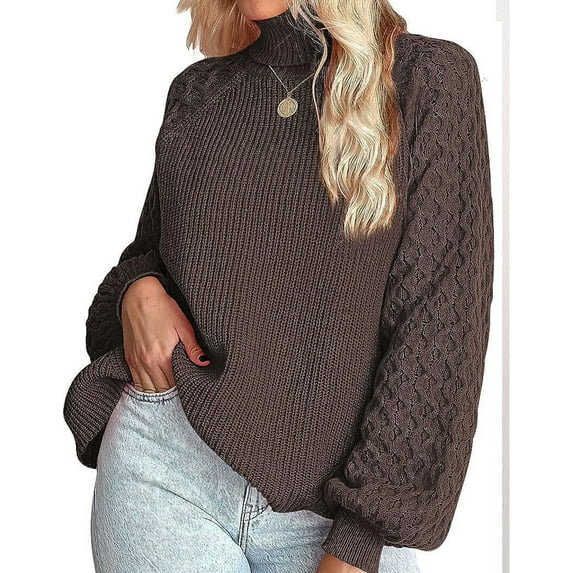 Sweaters for Women Mock Neck Cable Knit Sweater Plus Size Ribbed Lantern Sleeve Knitted Pullover Sweater 3xl Alsol Lamesa