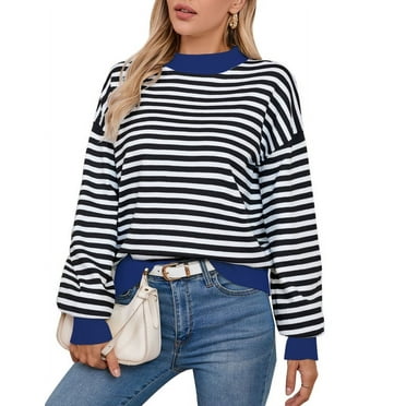 Sweaters for Women Mock Neck Color Contrast Striped Sweater Loose Y2K Juniors Girls Back to School Pullover Tops Shermie
