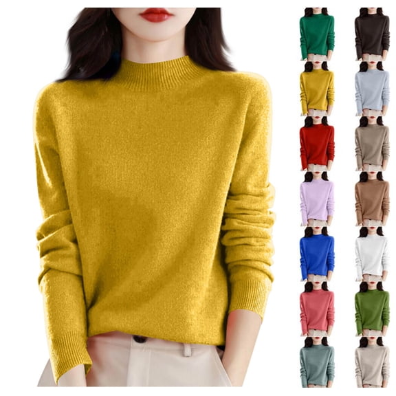 Sweaters for Women Mock Neck Long Sleeve Soft Pullover Sweater Women's Sweater Yellow L