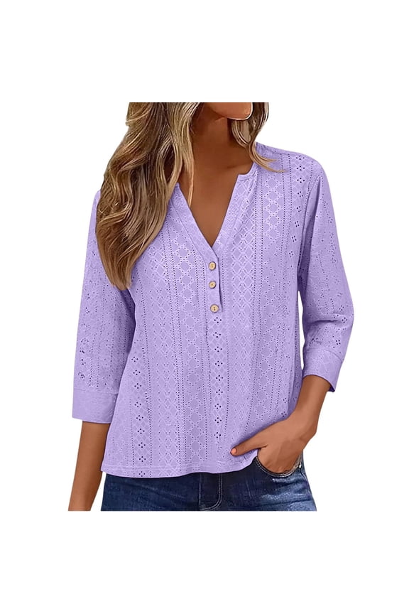 Sweaters for Women Multicolor Polyester Summer Tops Trendy 3/4 Sleeve V Neck Eyelet Shirts Casual Holiday Vacation Blouses Shirts M