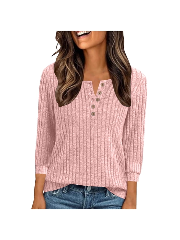 Sweaters for Women Notch V Neck 3/4 Sleeve Knit Pullover Tops Trendy Work Button Up Blouses,S,Pink