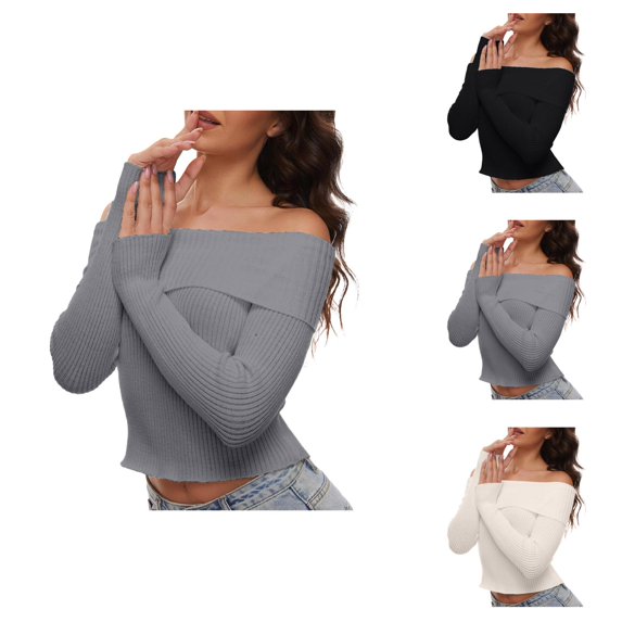 Sweaters for Women, Off Shoulder Sweaters for Women, Fall Long Sleeve Ribbed Knit, Fitted Pullover Blouse