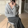 thumbnail image 1 of Sweaters for Women Open Collar Pullover Loose Cable-Stitch Knitwear Tops Fall Fashion 2023 Grey, 1 of 3