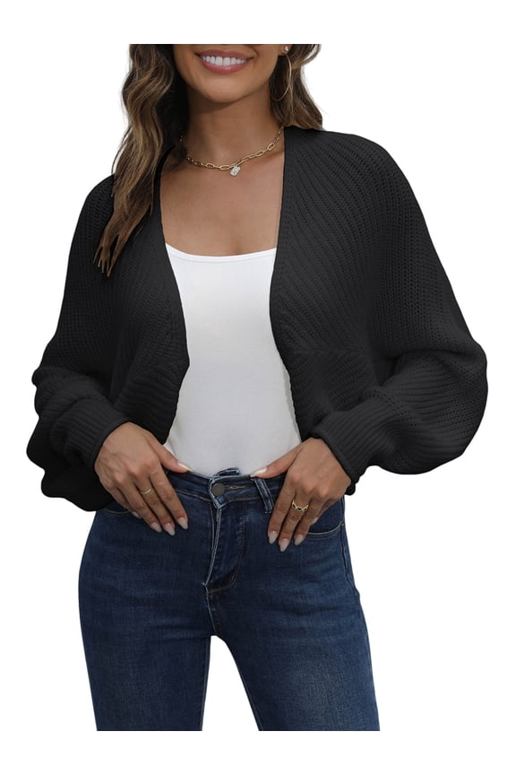 Sweaters for Women Open Front Cropped Cardigan Sweater Long Sleeve Knit Bat Sweaters Shrug Top Black L