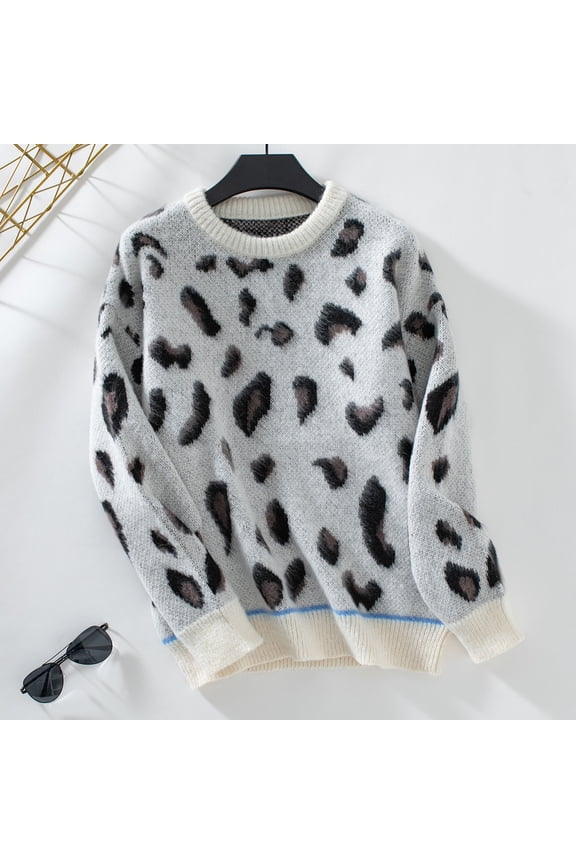 Sweaters for Women Oversized Crewneck Long Sleeve Casual Loose Leopard Print Knit Pullover Tops Beige S
