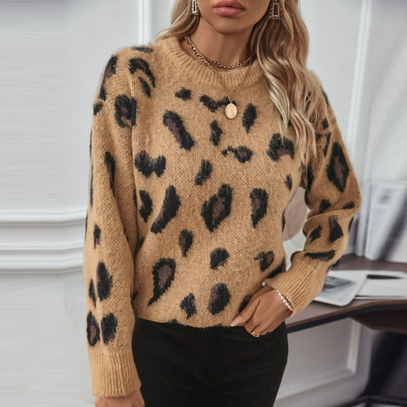 Sweaters for Women Oversized Crewneck Long Sleeve Casual Loose Leopard Print Knit Pullover Tops Coffee XL