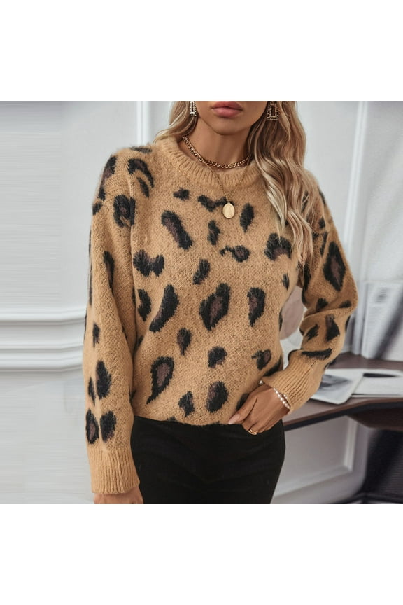 Sweaters for Women Oversized Crewneck Long Sleeve Casual Loose Leopard Print Knit Pullover Tops Coffee XL