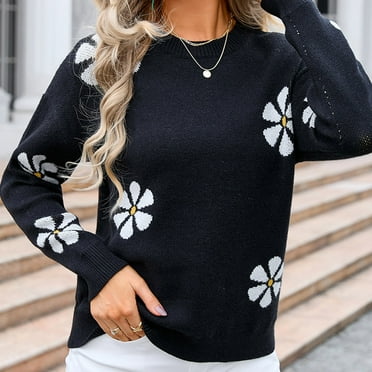Sweaters for Women Plus Size Long Sleeve Crew Neck Pullover Clashing Colours Sweater Black S